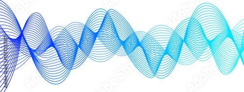 Abstract digital background with smooth, overlapping waveforms made of thin, translucent blue and cyan lines. Lines curve in fluid, harmonic motions with modern, minimalistic, and futuristic visual