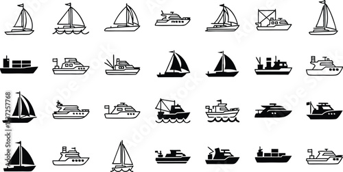 Black and White Watercraft Icons Set Sailboats Motorboats Cargo Ships