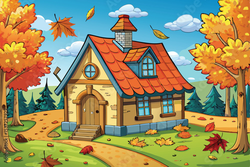 Autumn country landscape with old house, cottage, or castle building with trees