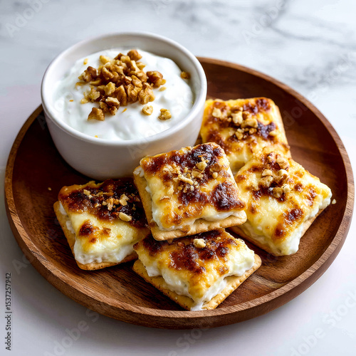 Baked crackers with melted cheese and walnuts in a wooden plate, served with a creamy walnut dip.