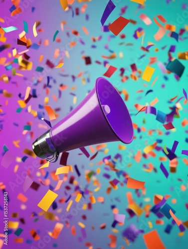 Megaphone announces a burst of confetti colorful celebration a vibrant explosion of joy and news colorful fragments float in mid air event promotion