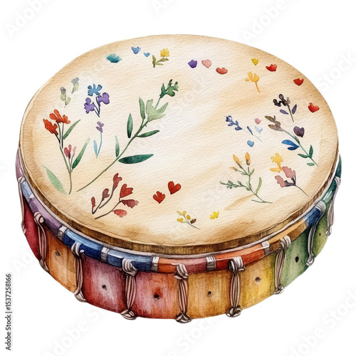 A round drum with floral and heart-shaped decorations painted on its drumhead and a multicolored wooden frame.
