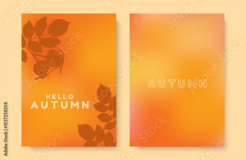 Set of autumn gradient backgrounds. Minimalist rosehip design on orange background. Design for autumn decor, website, banner, advertisement, magazine.
