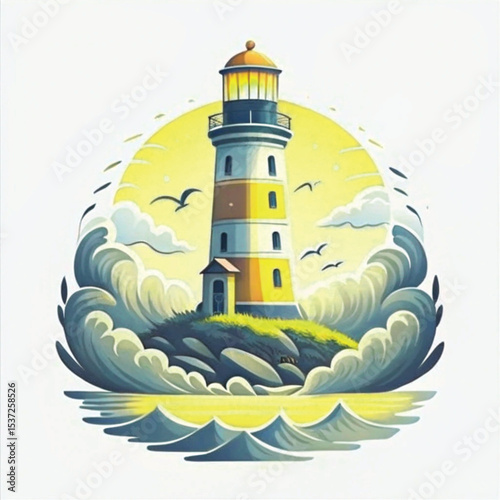 Colorful lighthouse standing on rocky island with waves and clouds  