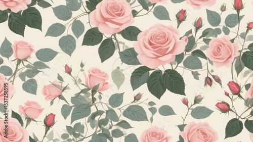 Wallpaper Mural Illustration of pink roses and green leaves create a seamless floral pattern Torontodigital.ca