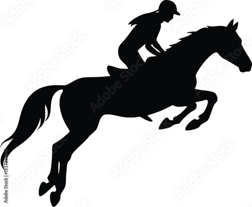 Jumping Horse Silhouette, Silhouette of a horse and rider in black vector style on white background for equestrian sport or race illustration