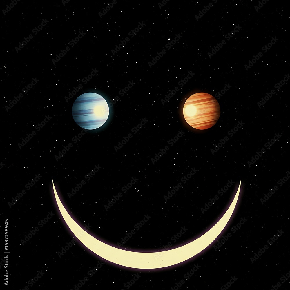 Fototapeta premium Smiling Face Made of Planets and Crescent Moon in Starry Space