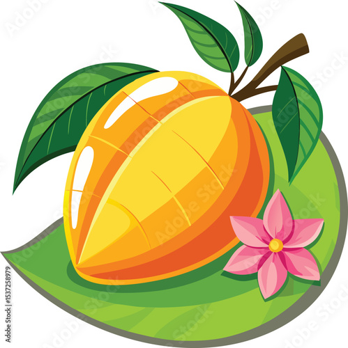 Ripe mango with leaves and flower illustration