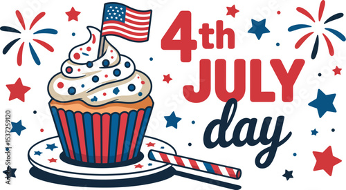Patriotic fourth of july design featuring a cupcake with an american flag and festive elements