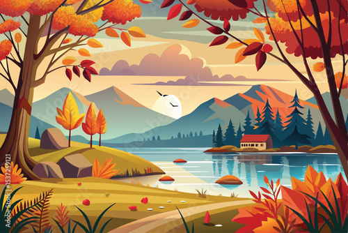 Autumn river landscape with trees by the water and a clear sky