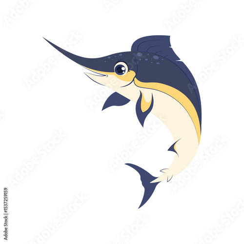 Smiling swordfish character. Cute ocean predator illustration ideal for children’s books, marine posters, and aquarium-themed designs.