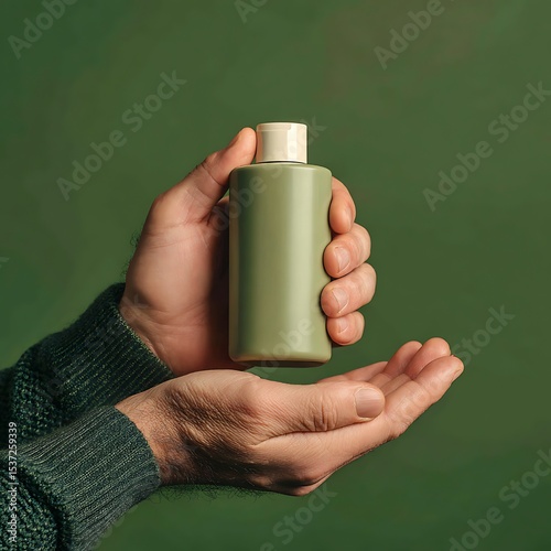 Minimalist Green Cosmetic Bottle Held in Hands