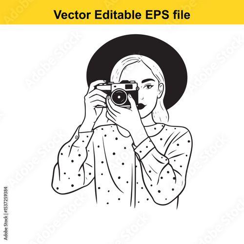 Whimsical Woman with a Retro Camera An Engaging Black and White Portrait of Photography and Timeless Style with a Touch of Mystery