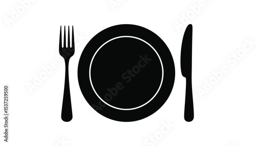 black and white silhouette of a dining set with fork, plate, and knife, symbolizing mealtime or culinary themes, isolated on white