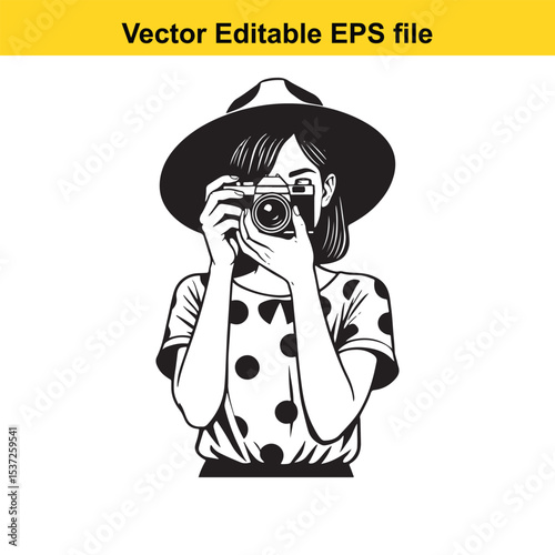 Whimsical Woman with a Retro Camera An Engaging Black and White Portrait of Photography and Timeless Style with a Touch of Mystery