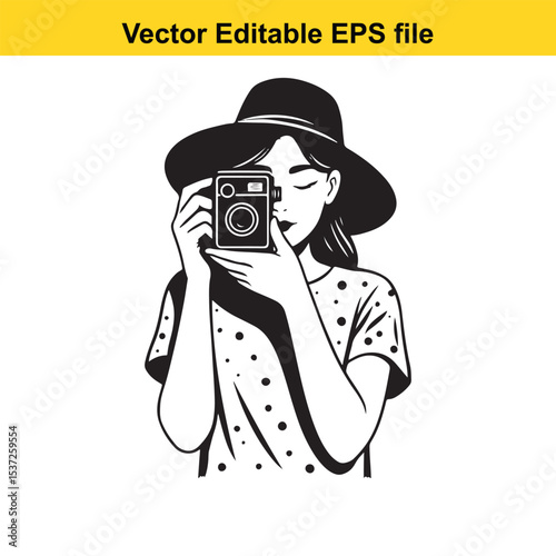 Whimsical Woman with a Retro Camera An Engaging Black and White Portrait of Photography and Timeless Style with a Touch of Mystery