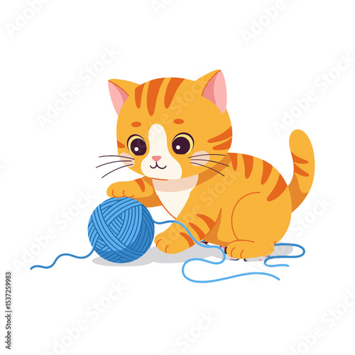 Flat vector of a small kitten playing with a ball of yarn, tangled string around its paws