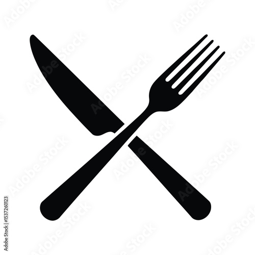black silhouette icon of crossed knife and fork symbolizing dining, cooking, restaurant, culinary services, hospitality or food industry