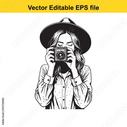 Whimsical Woman with a Retro Camera An Engaging Black and White Portrait of Photography and Timeless Style with a Touch of Mystery
