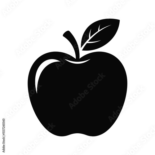 black silhouette of an apple with a stem and single leaf isolated on white background, ideal for food, health, nature, and diet concepts
