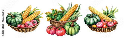 Watercolor set of wicker baskets with autumn harvest. Rural and farm autumn products, pumpkin, tomatoes and corn. Harvest. Autumn elements of vegetables.