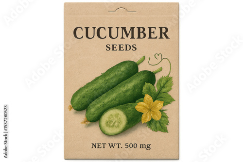 Realistic illustration of a vintage cucumber seed packet with detailed cucumbers, leaves, and flower, isolated on a transparent background