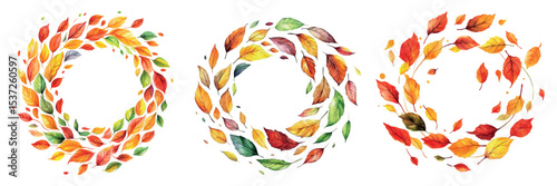 Set of round frames of autumn leaves watercolor png. Autumn leaf cycle in a round frame on a transparent background. Elements for autumn designs, Knowledge Day, Thanksgiving Day, etc. 