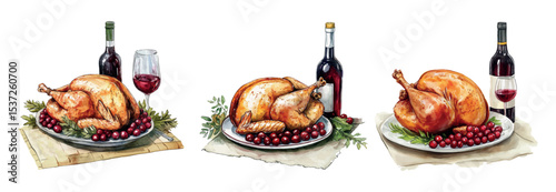 Watercolor set of roasted turkey with wine png. Tablecloth on which a plate with roasted turkey is placed, decorated with cranberries and herbs with a bottle of wine and a glass. 