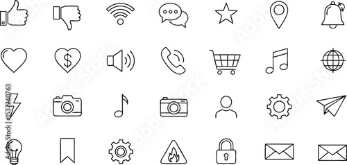 Collection of Black Line Icons Social Media Symbols