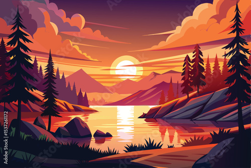 Sunset over the lake with a beautiful orange and red sky, silhouetting tropical trees and mountains in a serene nature landscape