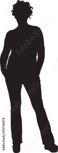 vector; silhouette of a front view of cool woman standing, looking at camera and hand on pockets