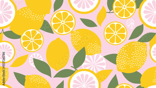 A vibrant pattern featuring whole and sliced lemons with green leaves on a light pink background design art