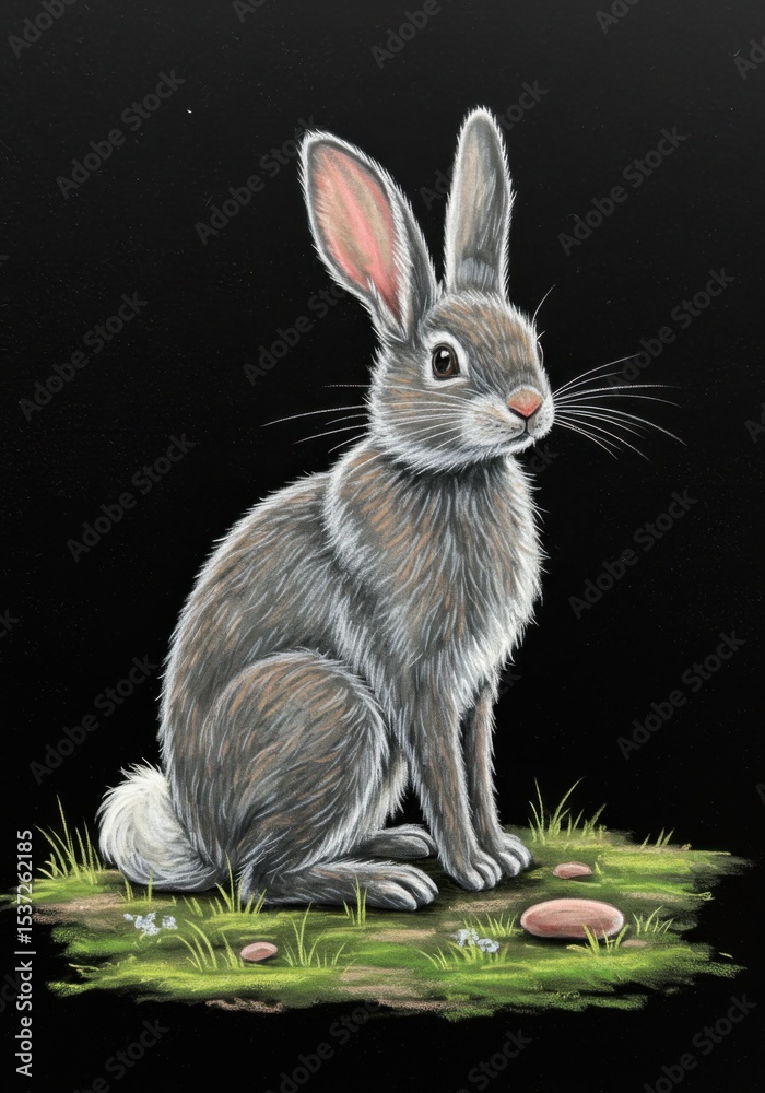 Fototapeta premium Gray Rabbit Sitting on Green Grass Against Black Background