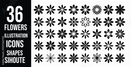 Collection of thirty six flower illustrations icons shapes and silhouettes in black and white color scheme