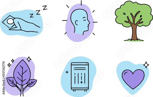 Doodle icon set of air purifier benefits with sleep, breath, and boost