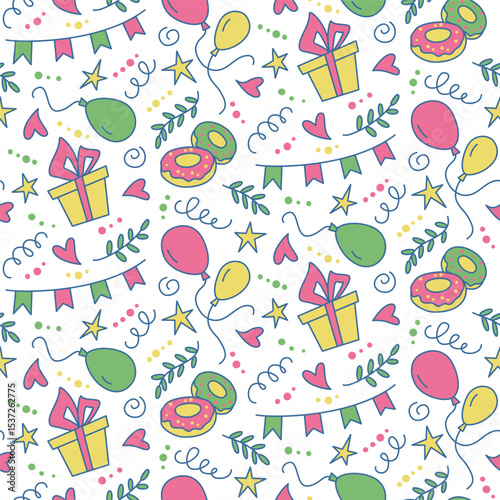 Seamless festive pattern with gifts, balloons, donuts, hearts, stars, and garlands. Hand-drawn doodle style. Colorful celebration design for wrapping paper, party decor, and backgrounds.
