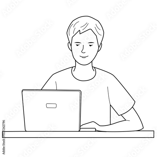 Boy working on a laptop sitting at desk. Black and white line vector isolated illustration, front view.  Remote work or online learning concept.