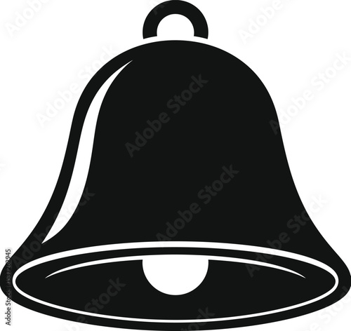 A simple black and white graphic illustration of a bell with a clapper and a loop at the top center silhouette