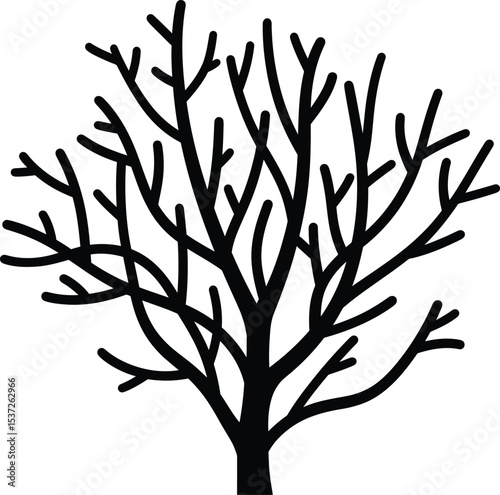 A stark silhouette of a bare tree against a white background creating a minimalist and graphic design element