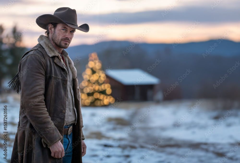 Fototapeta premium Cowboy at Sunset Near Christmas Tree on Snowy Ranch - Handsome Western Cowboy in Quiet Holiday Landscape