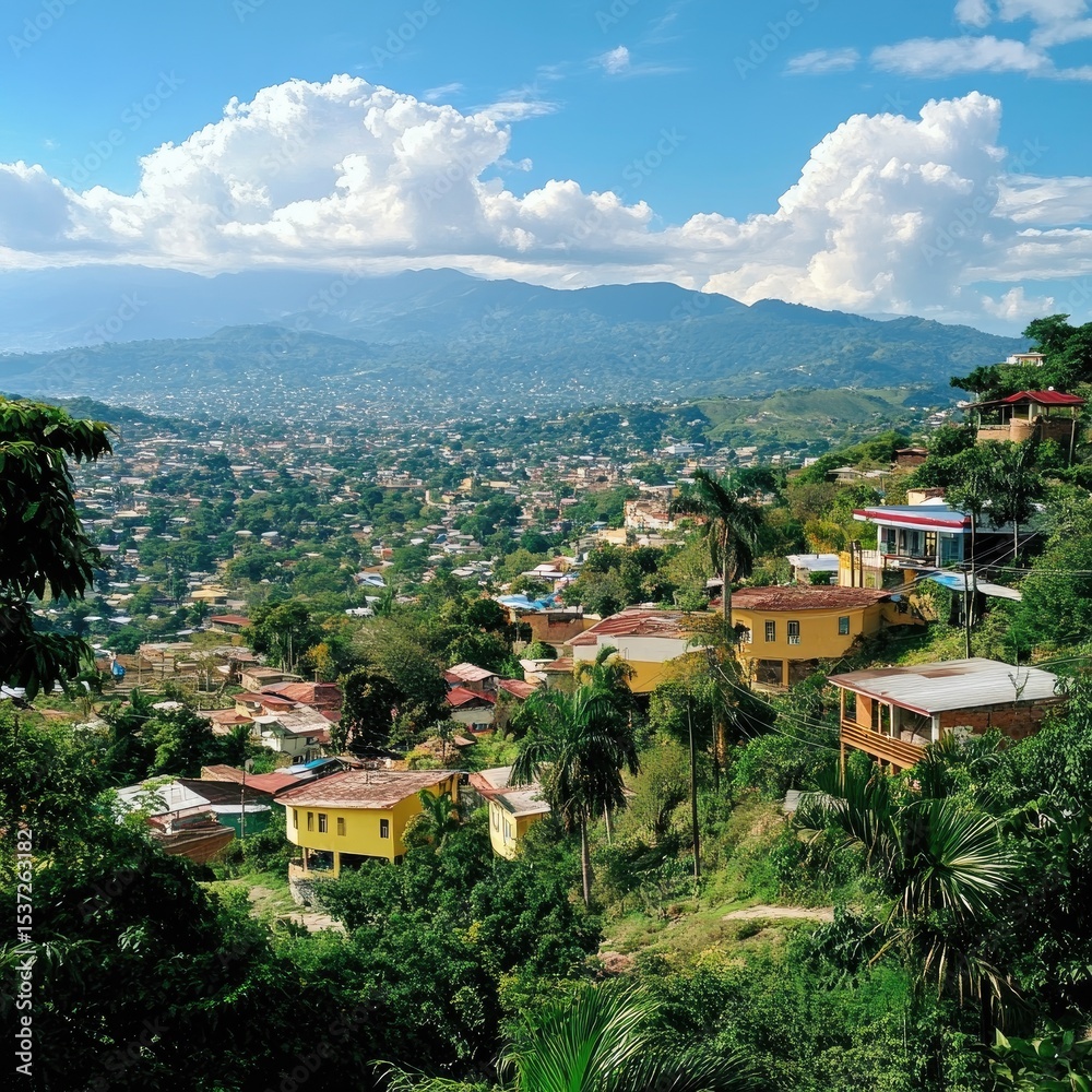 Fototapeta premium Panoramic view of a vibrant city nestled in a valley, surrounded by lush greenery and mountains under a partly cloudy sky. Homes of various colors are scattered across the hillside