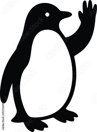 A simple black and white penguin illustration with a waving flipper on a white background image view silhouette