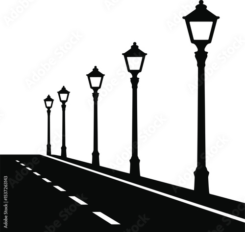 A row of street lamps lining a dark road with a white background casting long shadows on the ground plane silhouette