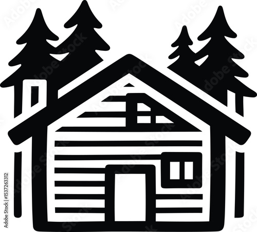 A black and white illustration of a log cabin with evergreen trees in the background silhouette style art
