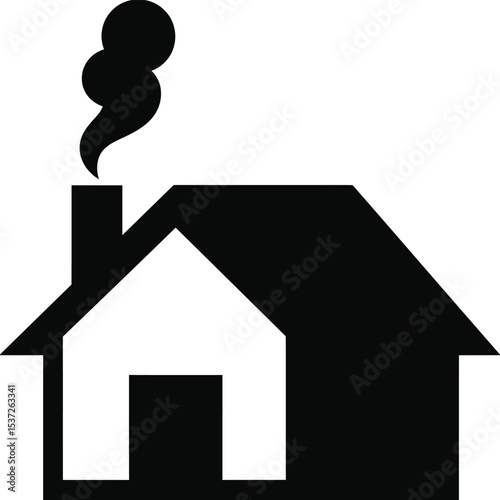A simple black and white illustration depicting a house with smoke coming from the chimney on a white background silhouette