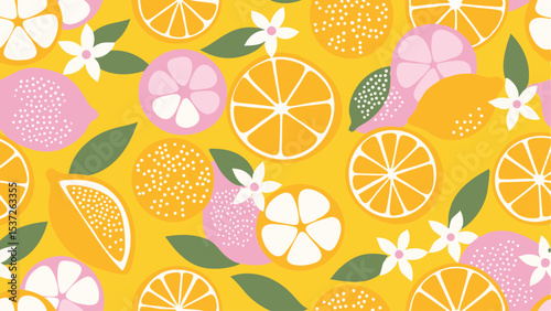Seamless pattern of citrus fruits with flowers and leaves on a yellow background in a flat vector style