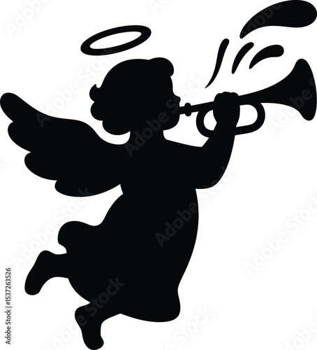 Silhouette of an angel blowing a trumpet with a halo above its head against a white background space