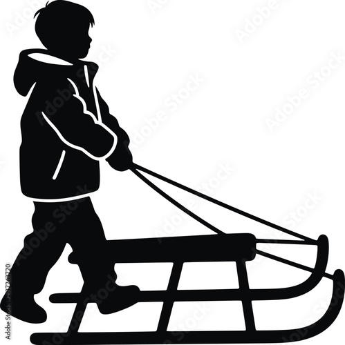 Silhouette of a child pulling a sled on a white background creating a winter scene with outdoor activity