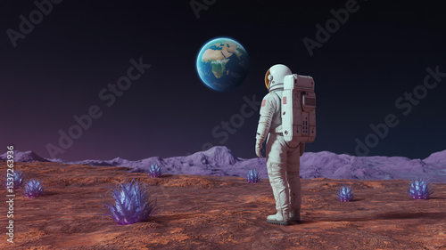 Astronaut standing on mars looking at earth with alien plants in a surreal landscape view