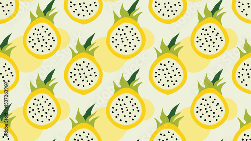 Seamless repeat pattern of yellow dragon fruit with green leaves and black seeds on a light background design